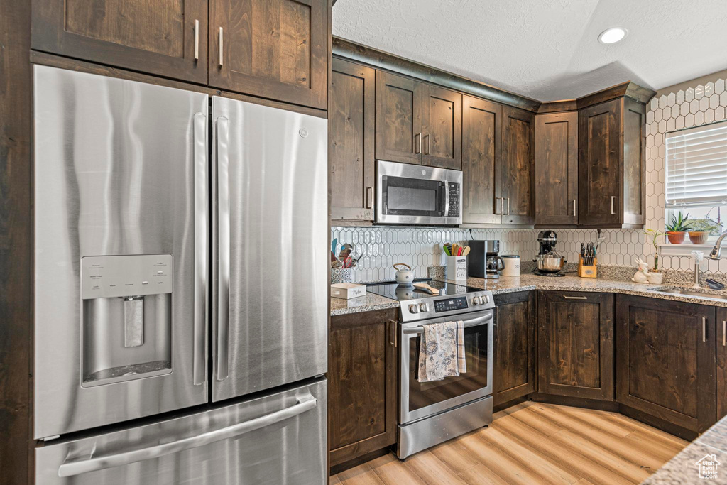 Kitchen with light wood-style flooring, appliances with stainless steel finishes, dark brown cabinetry, and a sink