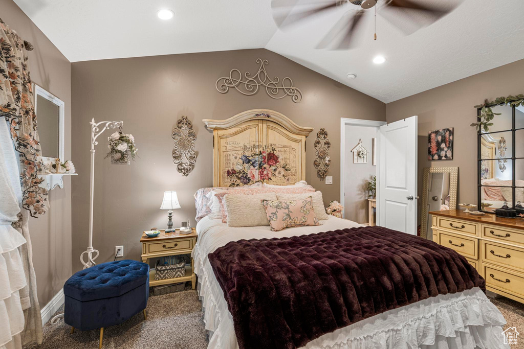 Carpeted bedroom featuring vaulted ceiling, recessed lighting, and ceiling fan
