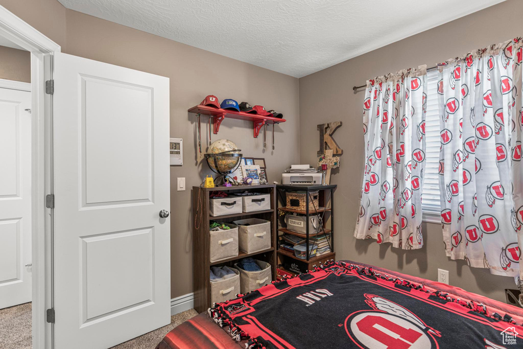 Bedroom with carpet floors, a textured ceiling, and baseboards
