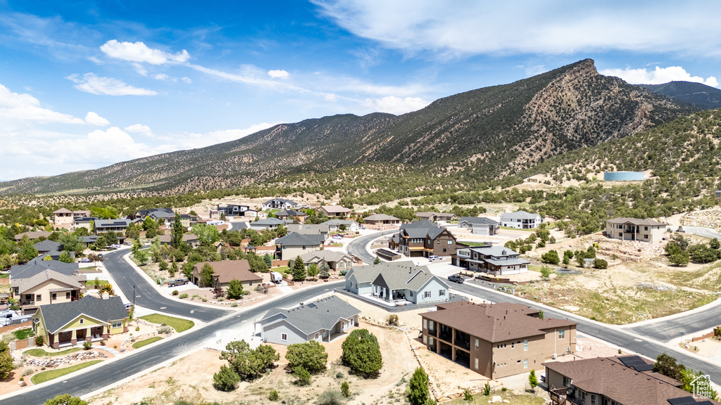 Aerial view of residential area with mountains