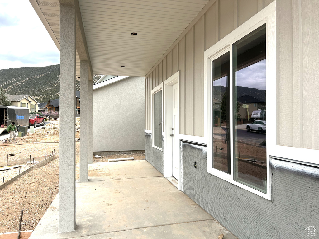 View of patio with a mountain view