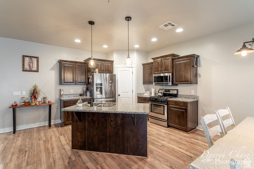 Kitchen featuring dark brown cabinets, light wood-type flooring, visible vents, and stainless steel appliances