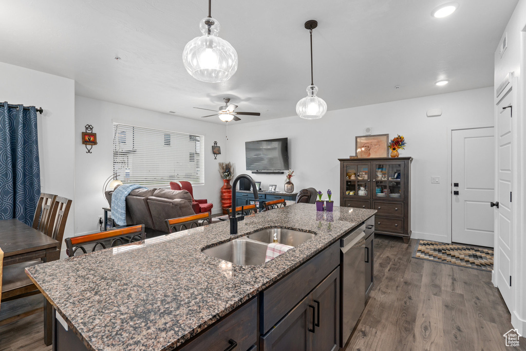 Kitchen featuring dark wood-style floors, open floor plan, stainless steel dishwasher, and a sink