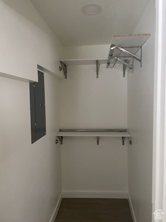 Spacious closet with electric panel and wood finished floors