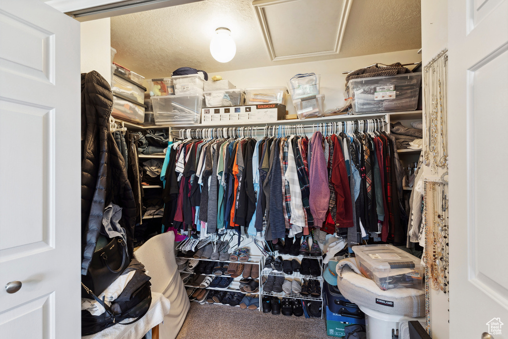 Walk in closet with carpet flooring and attic access