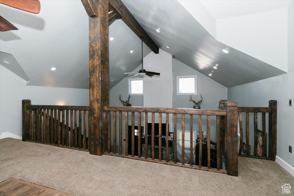 Bonus room with recessed lighting, a ceiling fan, baseboards, and lofted ceiling with beams