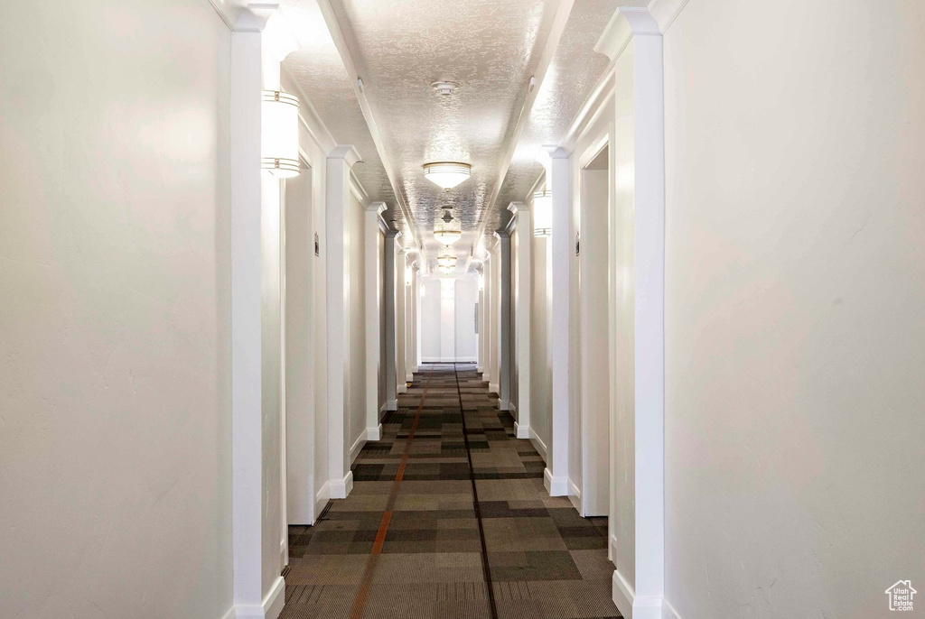 Hall with baseboards, a textured ceiling, and carpet floors