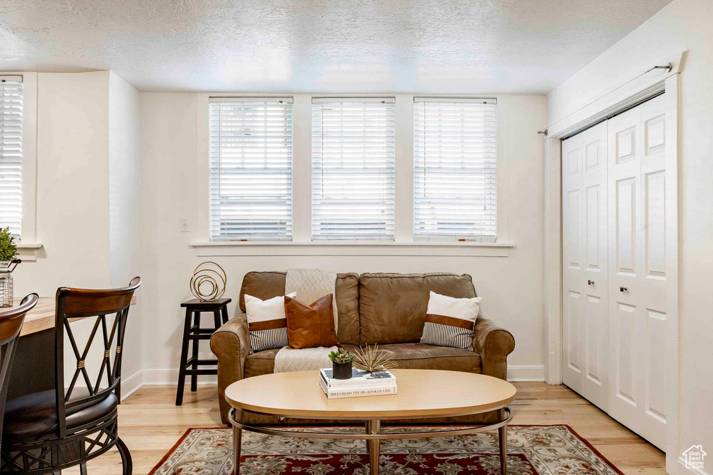 Sitting room with light wood-type flooring, a textured ceiling, and a healthy amount of sunlight