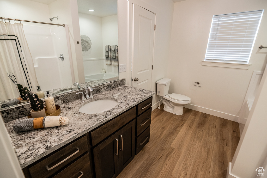 Full bathroom with toilet, baseboards, wood finished floors, a shower with shower curtain, and vanity
