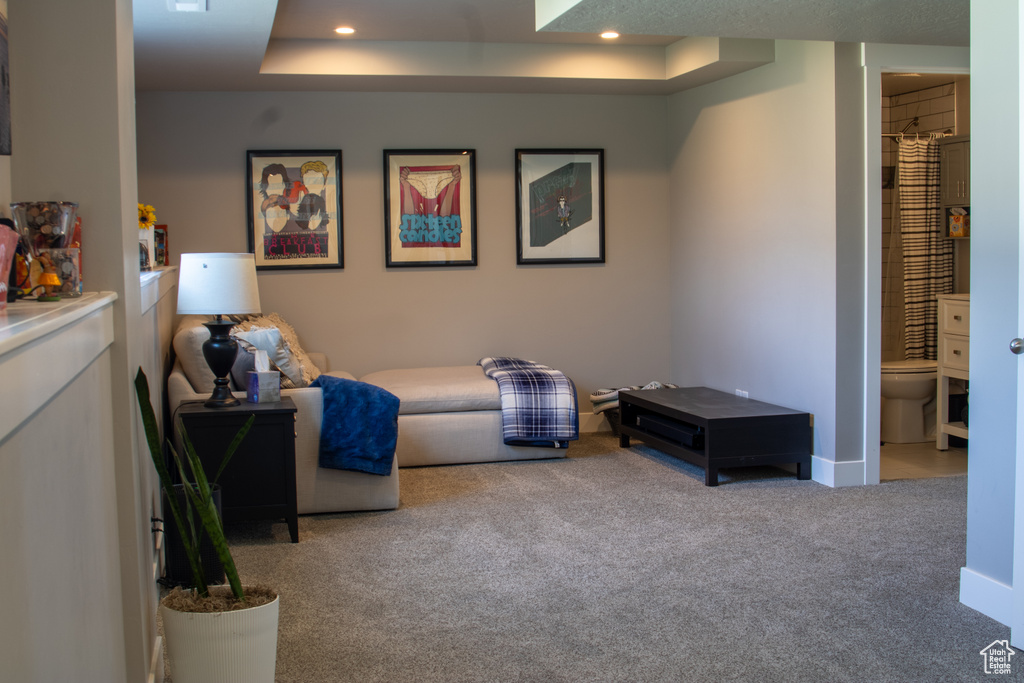 Living area with carpet floors, baseboards, recessed lighting, and a raised ceiling