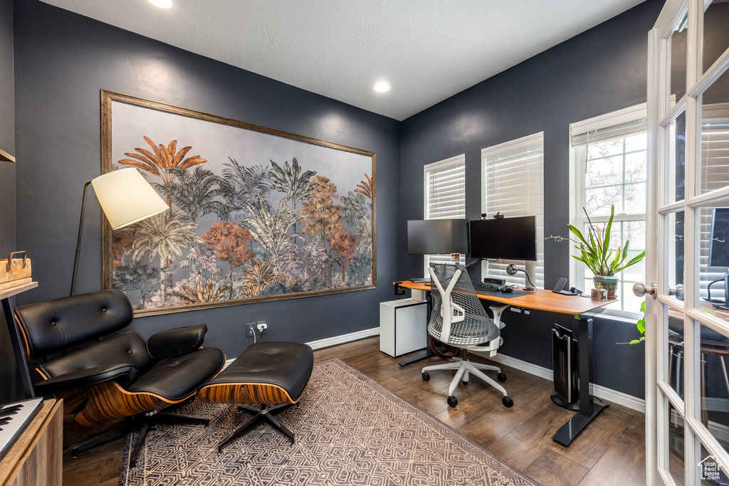 Office area featuring recessed lighting, wood finished floors, and baseboards