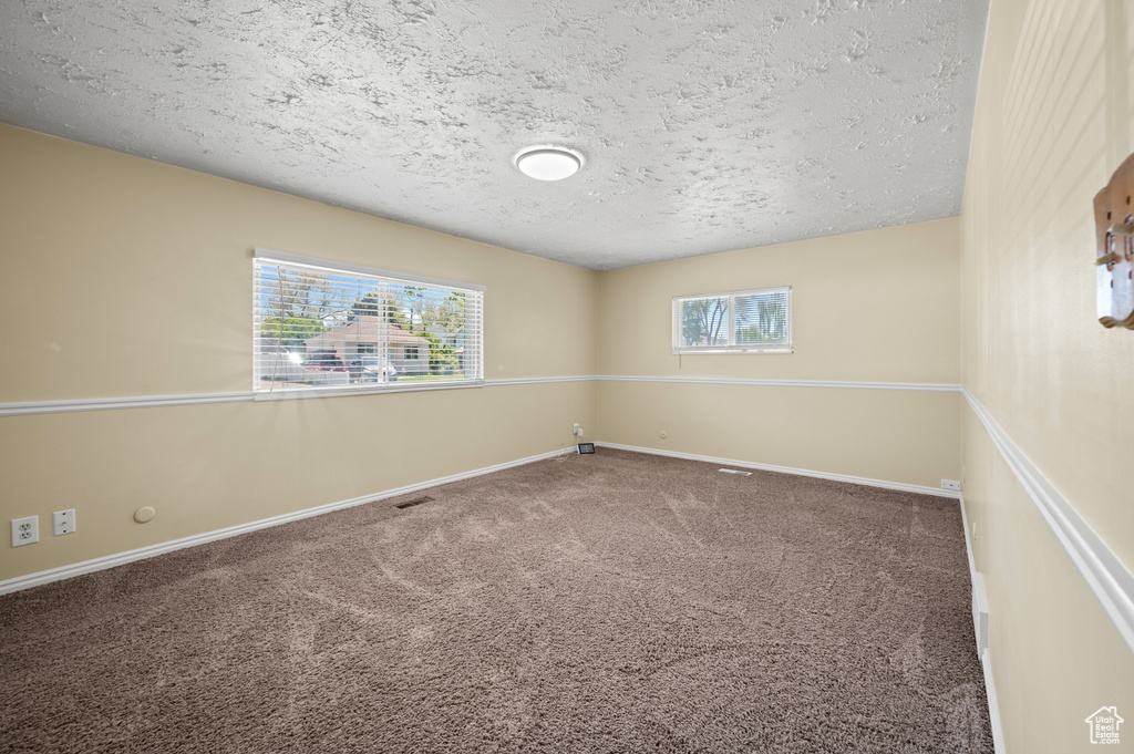 Unfurnished room featuring carpet floors, plenty of natural light, baseboards, and a textured ceiling