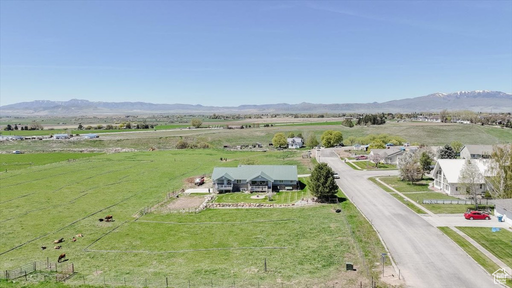 Overview of rural landscape featuring mountains