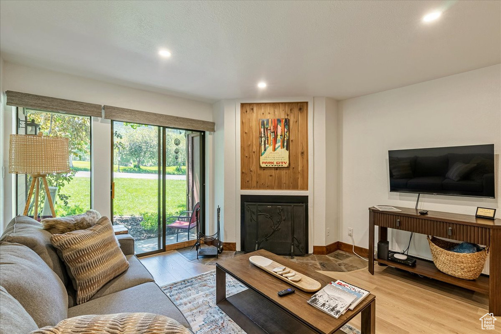 Living area with baseboards, recessed lighting, wood finished floors, and a fireplace