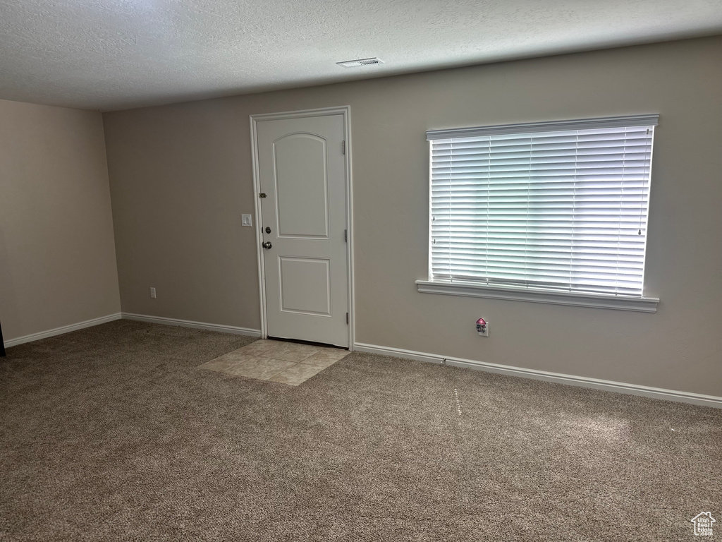 Carpeted foyer with baseboards, a textured ceiling, and visible vents