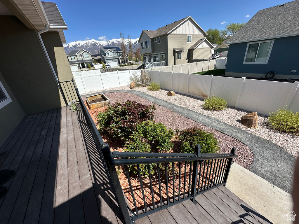 View of yard with a wooden deck, a fenced backyard, and a residential view