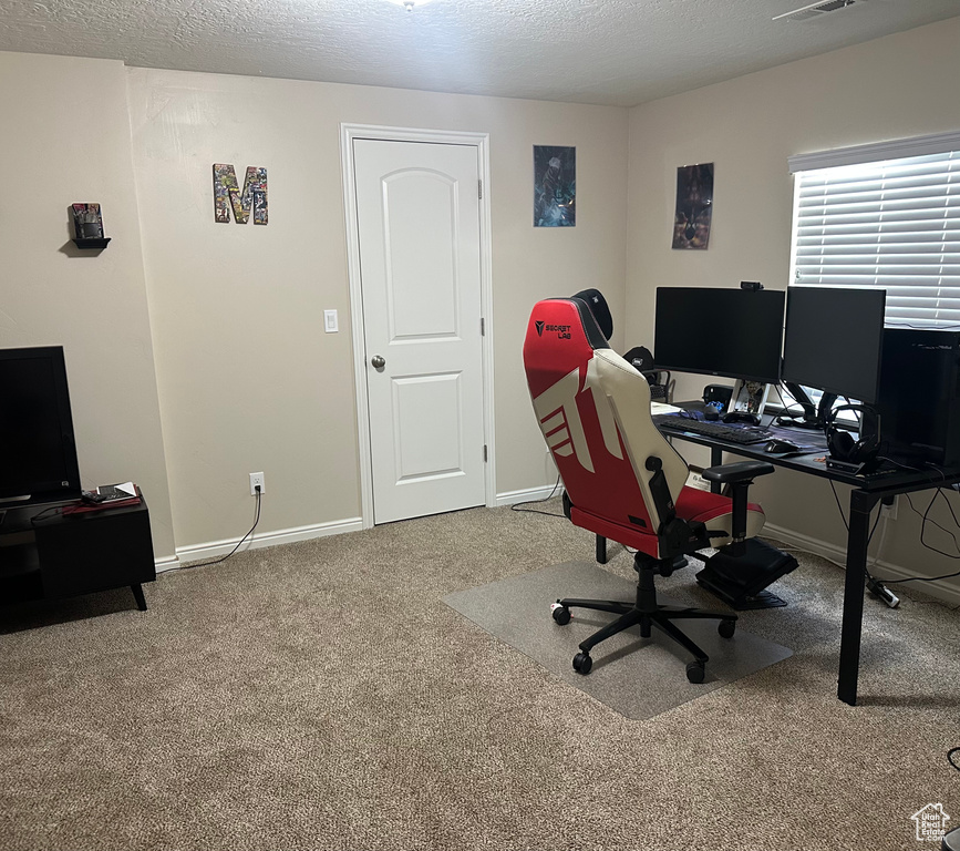 Carpeted office space with baseboards, a textured ceiling, and visible vents