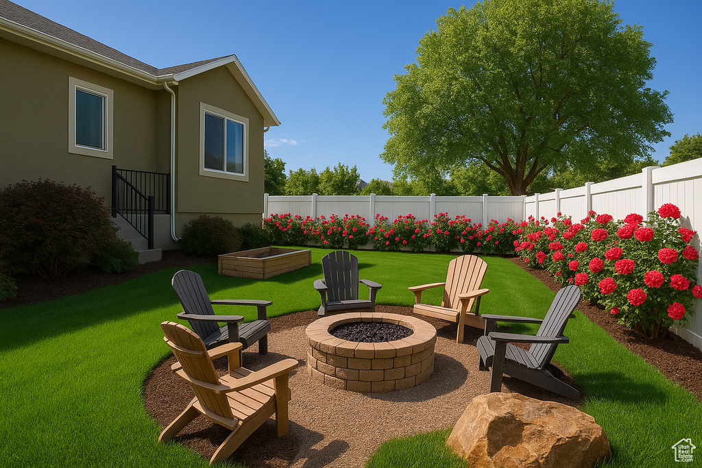 View of patio with a fire pit