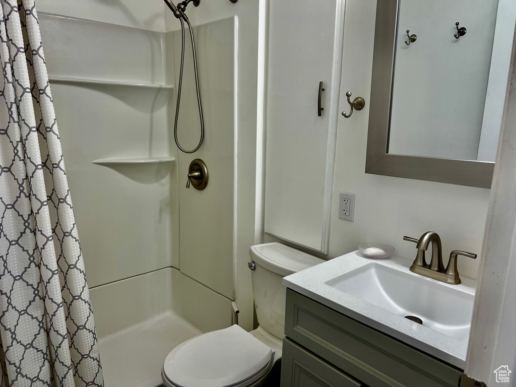 Full bathroom featuring a shower stall, toilet, and vanity