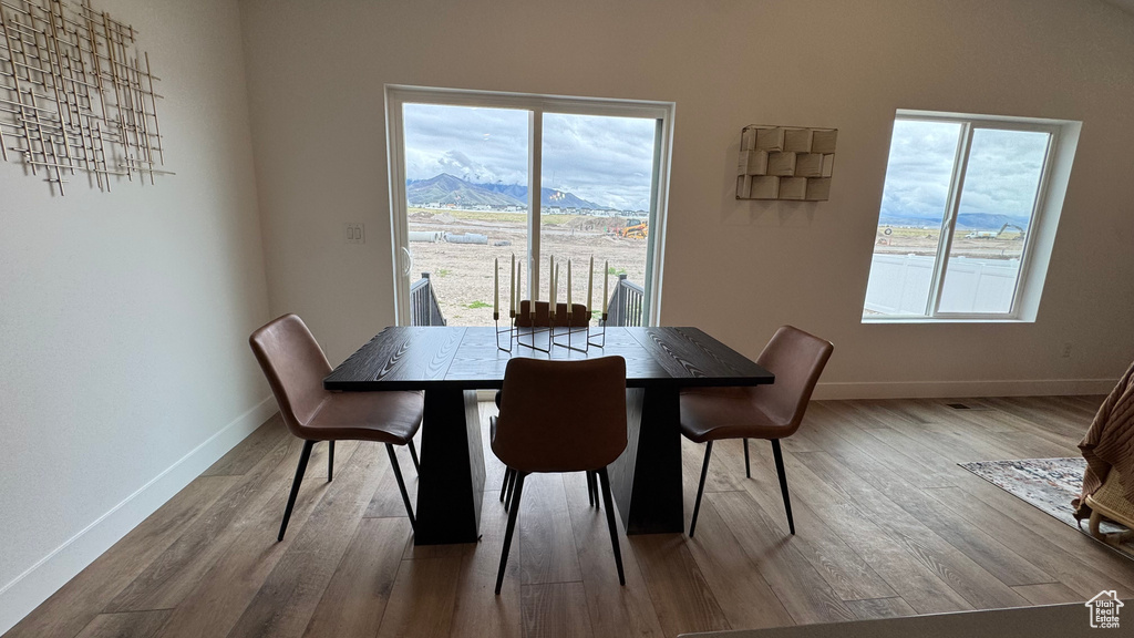 Dining area with plenty of natural light, baseboards, and wood finished floors