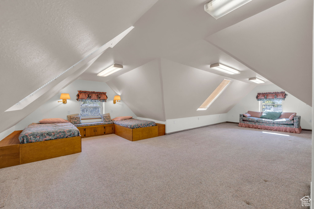 Bonus room with carpet and lofted ceiling with skylight