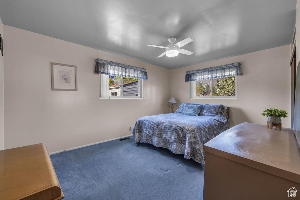 Bedroom with visible vents, carpet flooring, baseboards, and multiple windows