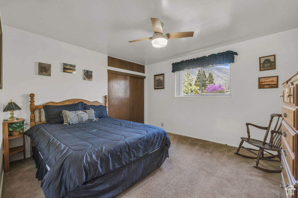 Carpeted bedroom with a closet, baseboards, and ceiling fan