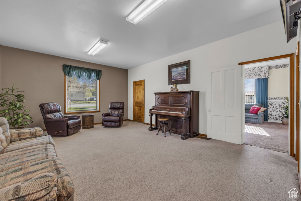 Living room with carpet floors