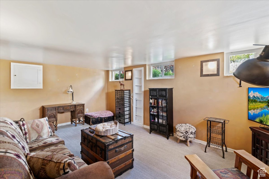 Carpeted living area with baseboards