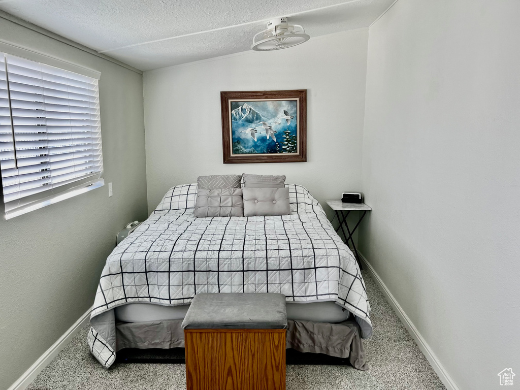 Carpeted bedroom with baseboards and a textured ceiling