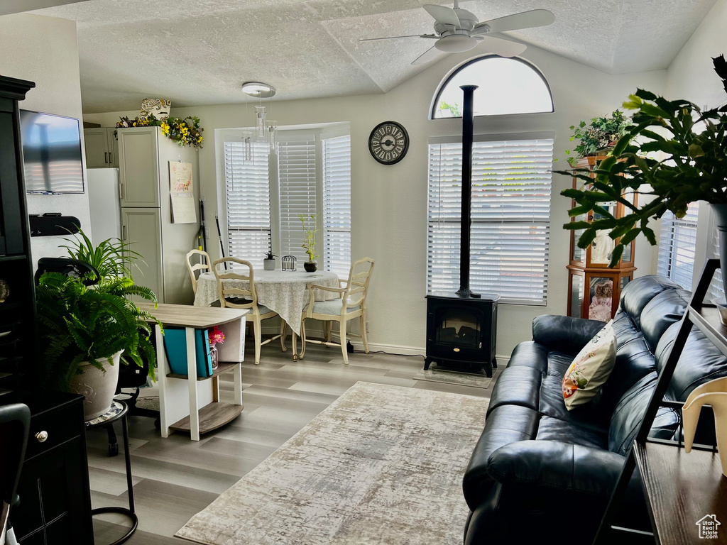 Living area featuring ceiling fan, a healthy amount of sunlight, a wood stove, and a textured ceiling