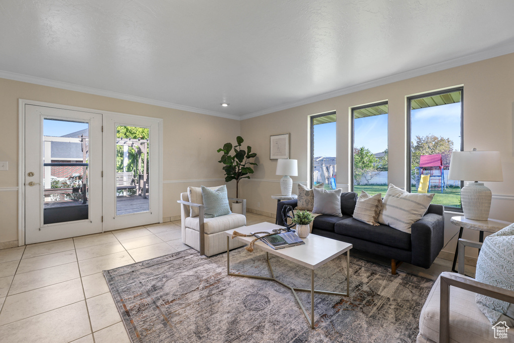 Tiled living area with ornamental molding and plenty of natural light