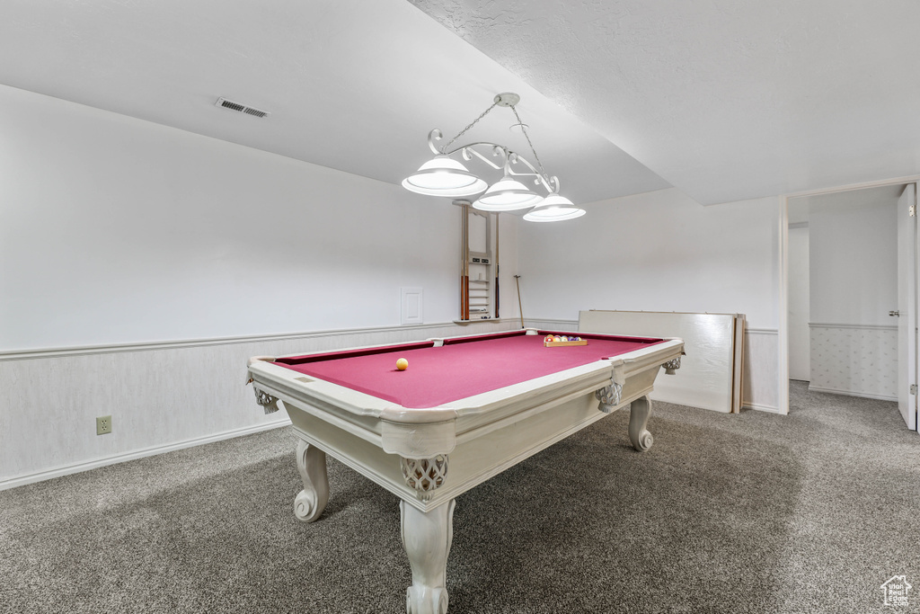 Game room with carpet, visible vents, pool table, and a wainscoted wall