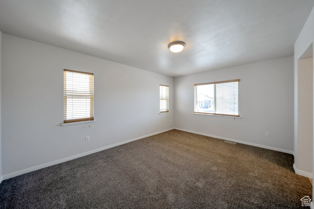 Empty room with carpet, baseboards, visible vents, and plenty of natural light