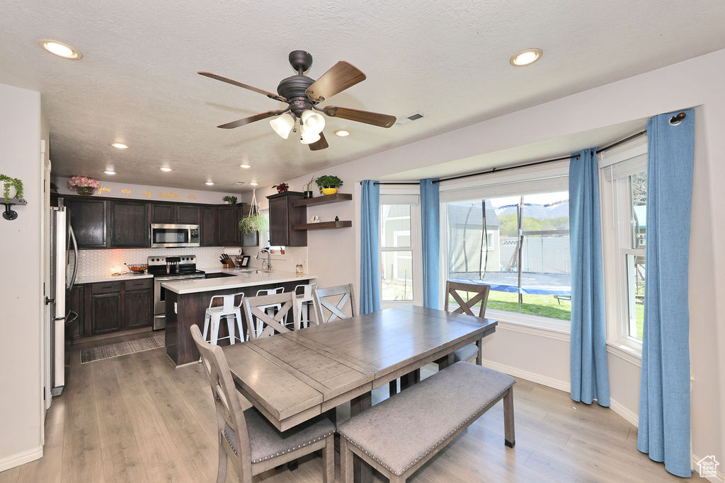 Dining room with light wood-style floors, plenty of natural light, a ceiling fan, and baseboards