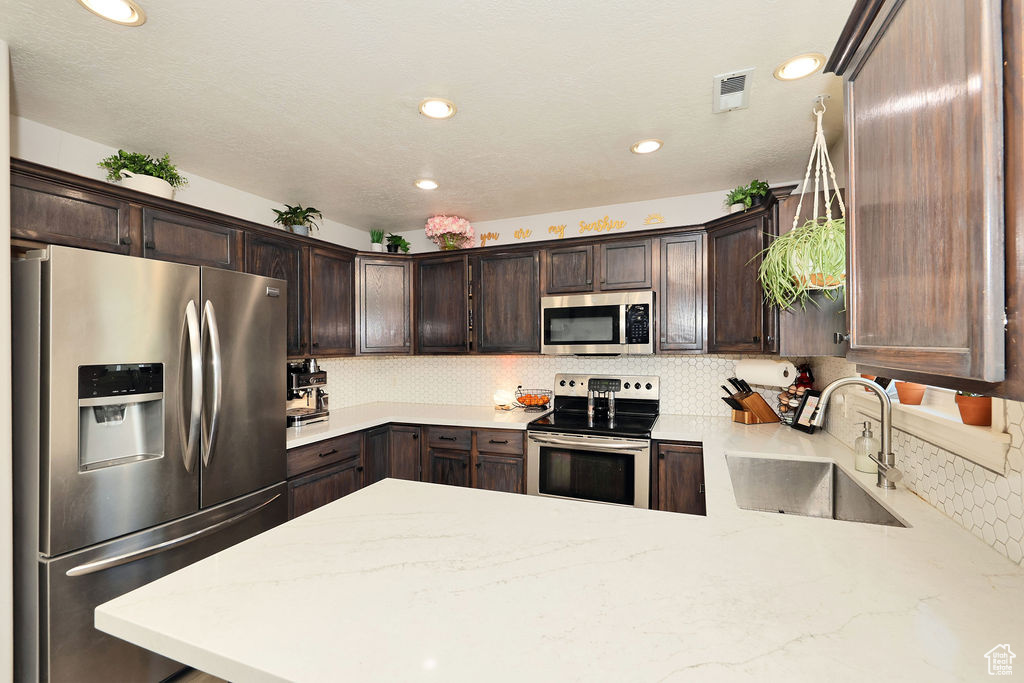 Kitchen with a sink, decorative backsplash, dark brown cabinetry, stainless steel appliances, and a peninsula