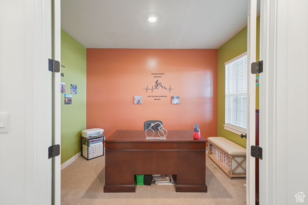 Home office with baseboards and light colored carpet