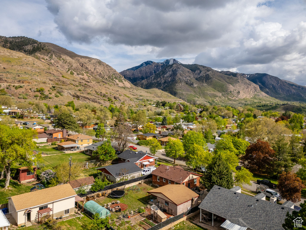 Birds eye view of property with a mountain view and a residential view