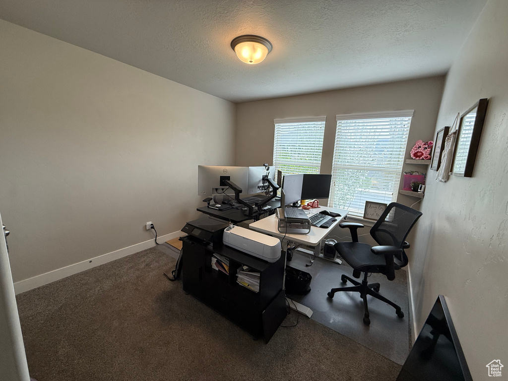 Carpeted home office featuring baseboards and a textured ceiling