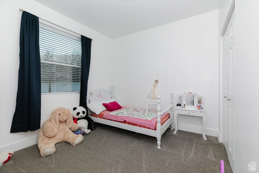 Carpeted bedroom with baseboards and a closet