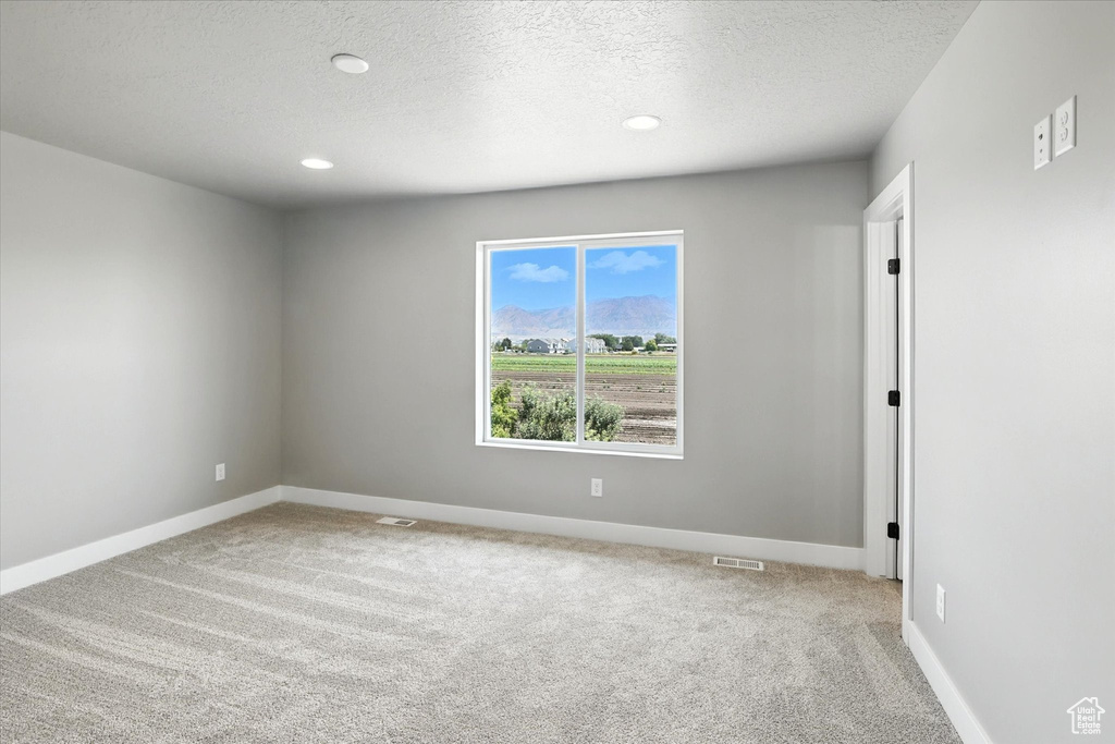 Empty room featuring light carpet, a textured ceiling, and recessed lighting