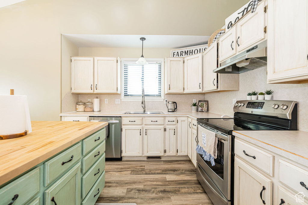 Kitchen with wooden counters, green cabinetry, under cabinet range hood, a sink, and appliances with stainless steel finishes