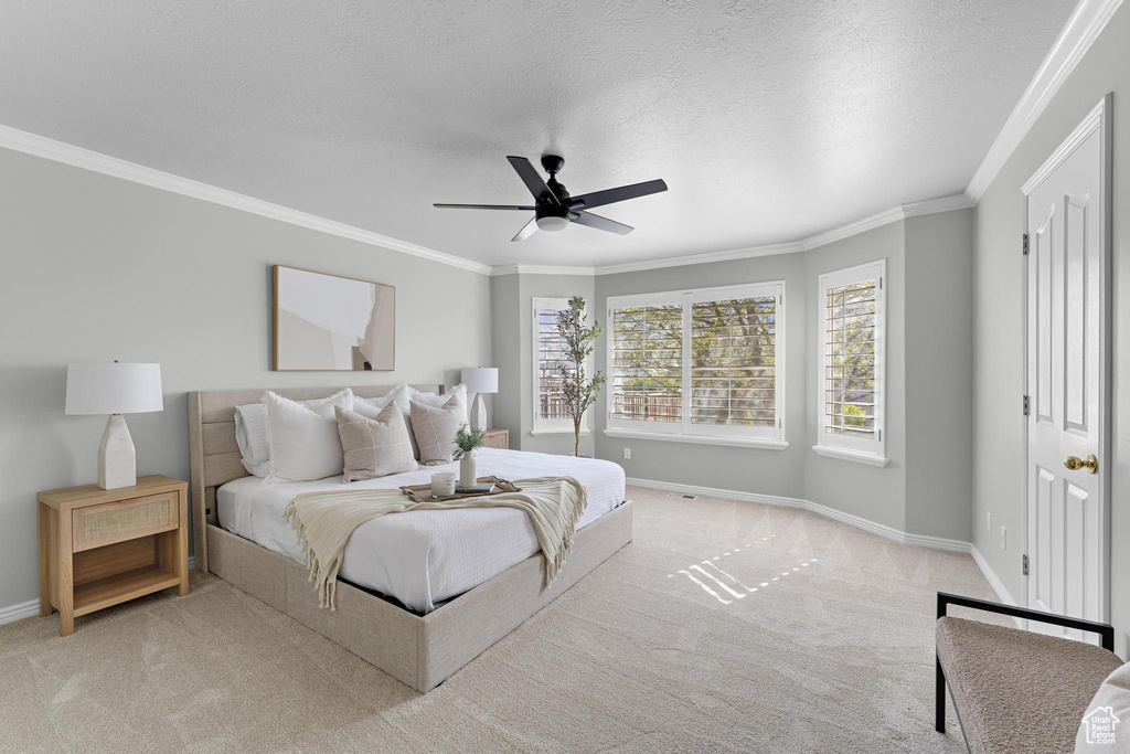 Bedroom featuring carpet, a ceiling fan, baseboards, and ornamental molding
