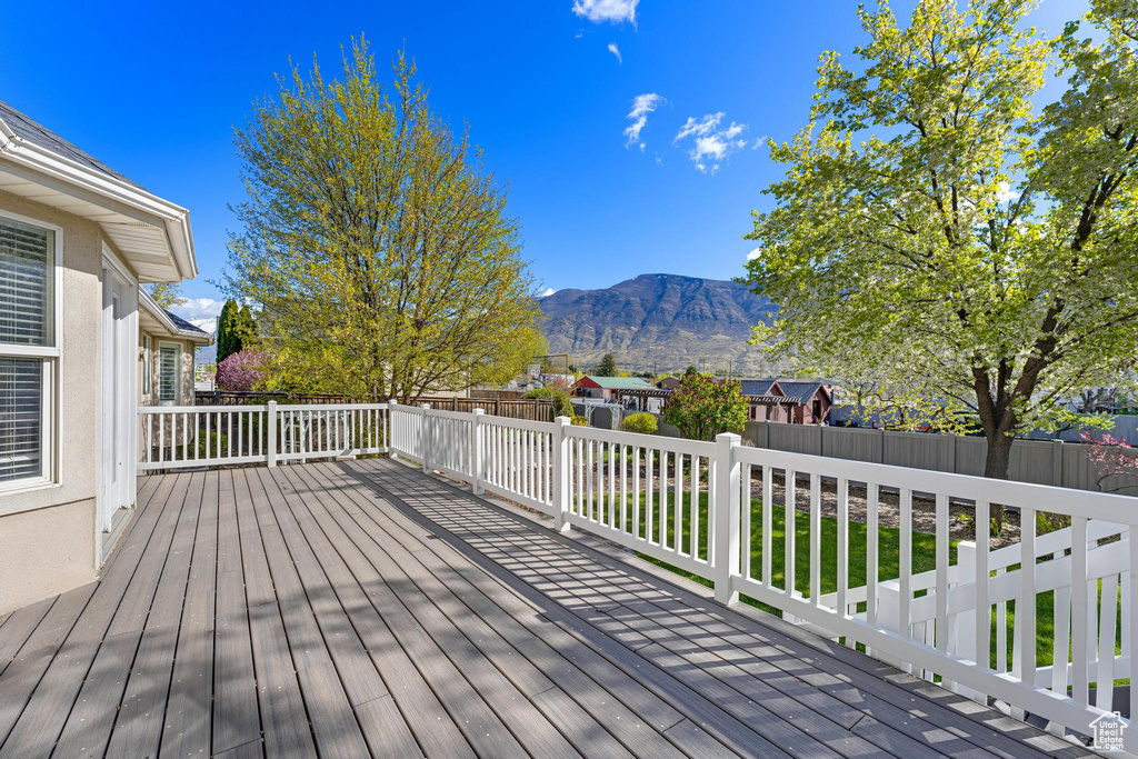 Wooden deck featuring a fenced backyard and a mountain view