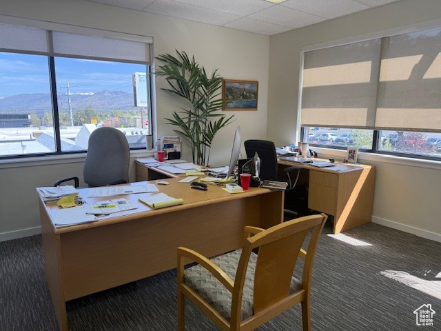 Office area featuring dark colored carpet, a healthy amount of sunlight, baseboards, and a mountain view