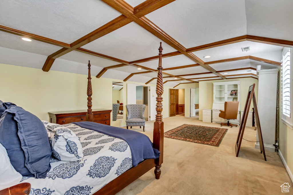 Bedroom featuring coffered ceiling, carpet, baseboards, visible vents, and recessed lighting