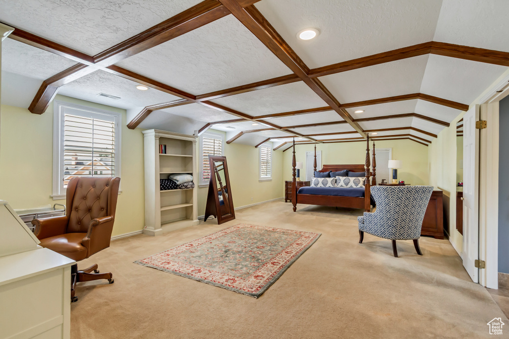 Bedroom with recessed lighting, carpet, baseboards, and coffered ceiling