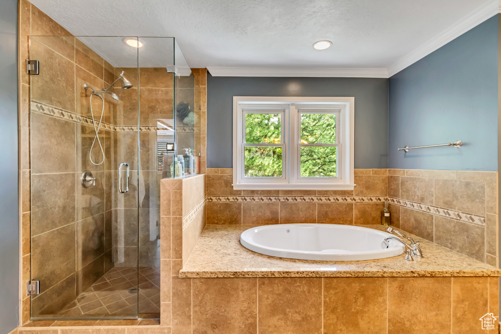 Full bath with a garden tub, ornamental molding, and a stall shower