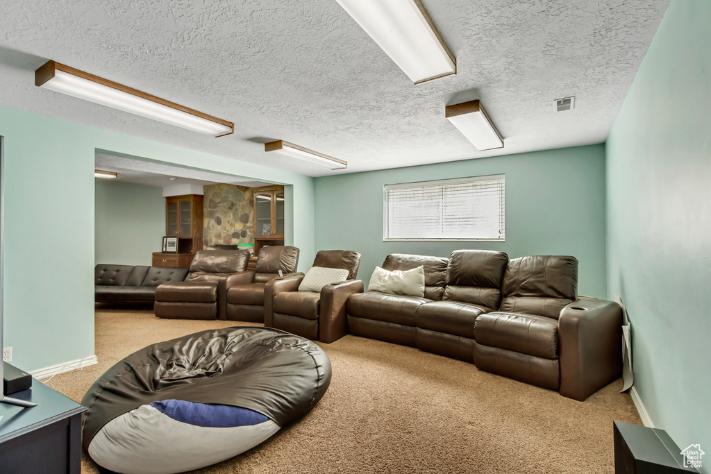 Living room featuring visible vents, carpet floors, and a textured ceiling