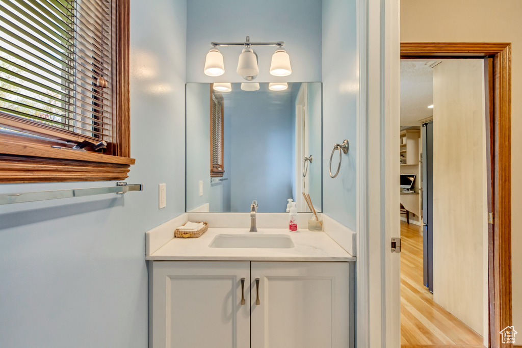 Bathroom with wood finished floors and vanity